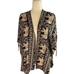 Janice Black and Tan Elephant Print Fringe Sleeve Kimono Size OS